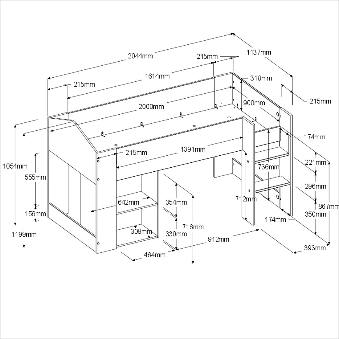 Halfhoogslaper Shelby 90x200 - Wit/eik 8 Halfhoogslaper Shelby 90x200 - Wit/eik - Afbeelding 8