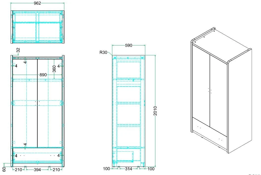 Kledingkast Bonny 2 Deuren - Turquoise 4 Kledingkast Bonny 2 Deuren - Turquoise - Afbeelding 4