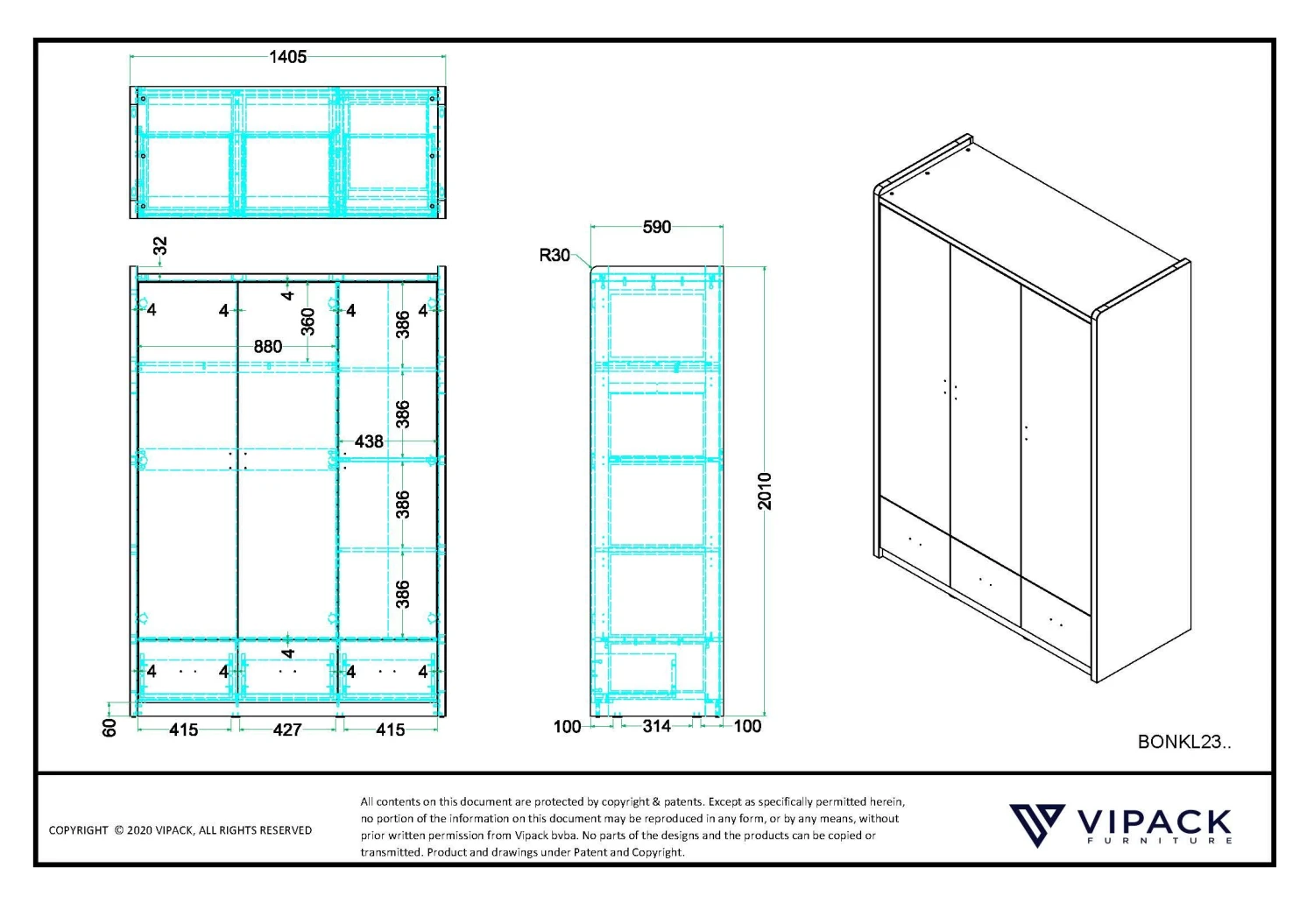 Kledingkast Bonny 3 Deuren - Fuchsia 4 Kledingkast Bonny 3 Deuren - Fuchsia - Afbeelding 4