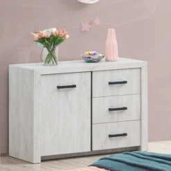 Commode Elvira 120cm Met 1 Deur & 3 Lades - Witte Eik