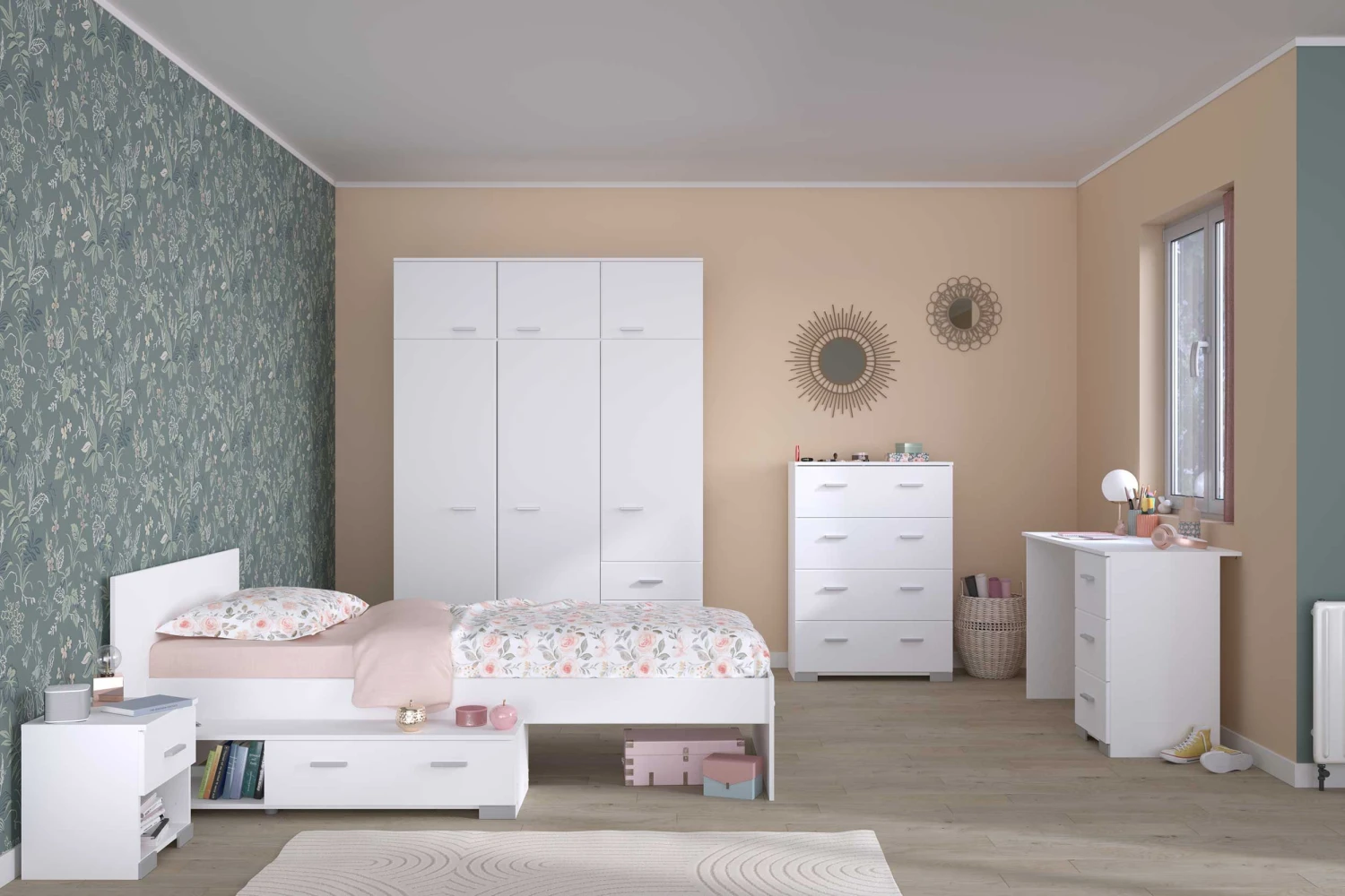 Kinderkamerset Galaxy | Eenpersoonsbed, Commode, Bureautafel, Kledingkast, Nachtkastje | Wit 13 Kinderkamerset Galaxy | Eenpersoonsbed, Commode, Bureautafel, Kledingkast, Nachtkastje | Wit - Afbeelding 13