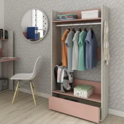 Kledingkast Bo0 Met Lade, Hoedenplank En Kledingroede - Grenen/ Oudroze