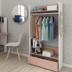 Kledingkast Bo0 Met Lade, Hoedenplank En Kledingroede - Wit/ Oudroze