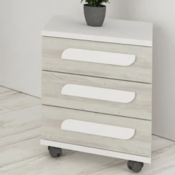Nachtkastje Bo0 Met Wieltjes, 3 Lades En Langwerpige Handgreep - Wit/grenen