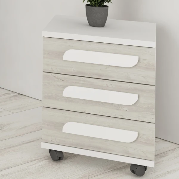 Nachtkastje Bo0 Met Wieltjes, 3 Lades En Langwerpige Handgreep - Wit/grenen 1 Nachtkastje Bo0 Met Wieltjes, 3 Lades En Langwerpige Handgreep - Wit/grenen