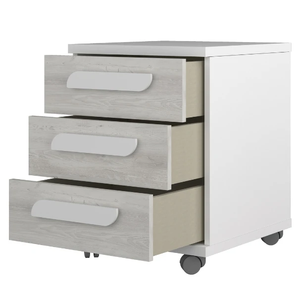 Nachtkastje Bo0 Met Wieltjes, 3 Lades En Langwerpige Handgreep - Wit/grenen 5 Nachtkastje Bo0 Met Wieltjes, 3 Lades En Langwerpige Handgreep - Wit/grenen - Afbeelding 5