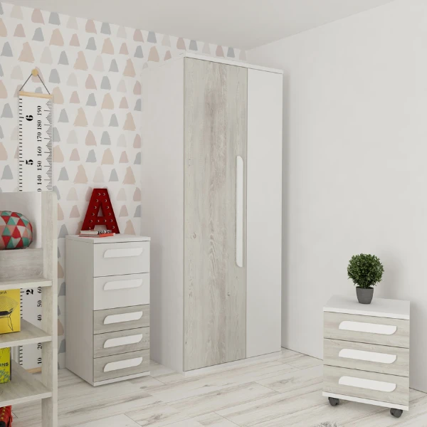 Nachtkastje Bo0 Met Wieltjes, 3 Lades En Langwerpige Handgreep - Wit/grenen 4 Nachtkastje Bo0 Met Wieltjes, 3 Lades En Langwerpige Handgreep - Wit/grenen - Afbeelding 4