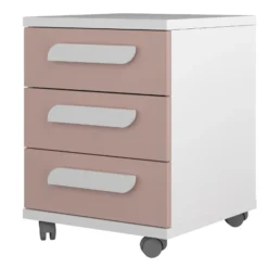 Nachtkastje Bo0 Met Wieltjes, 3 Lades En Langwerpige Handgreep - Wit/ Oudroze