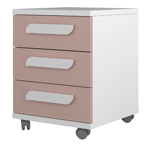 Nachtkastje Bo0 Met Wieltjes, 3 Lades En Langwerpige Handgreep - Wit/ Oudroze 1 Nachtkastje Bo0 Met Wieltjes, 3 Lades En Langwerpige Handgreep - Wit/ Oudroze