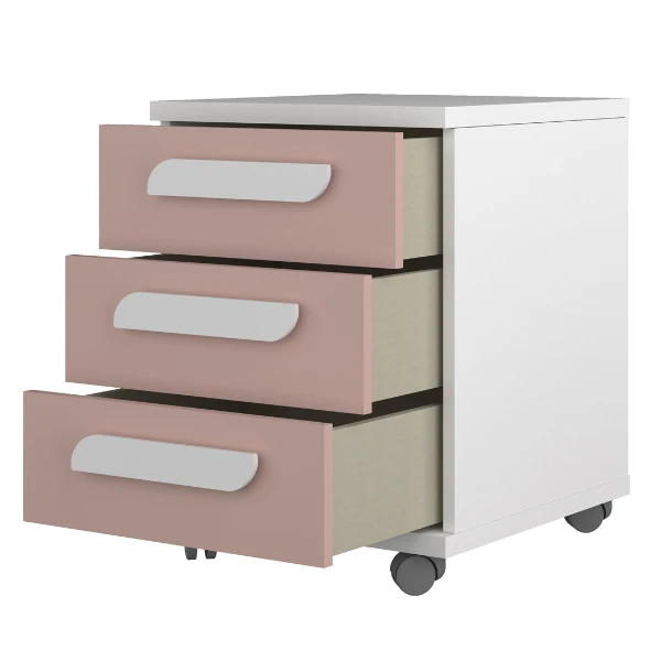 Nachtkastje Bo0 Met Wieltjes, 3 Lades En Langwerpige Handgreep - Wit/ Oudroze 3 Nachtkastje Bo0 Met Wieltjes, 3 Lades En Langwerpige Handgreep - Wit/ Oudroze - Afbeelding 3
