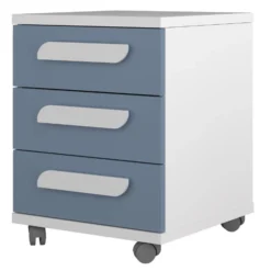 Nachtkastje Bo0 Met Wieltjes, 3 Lades En Langwerpige Handgreep - Wit/ Blauw