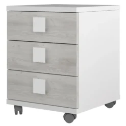 Nachtkastje Bo0 Met Wieltjes, 3 Lades En Vierkante Handgrepen- Wit/ Grenen
