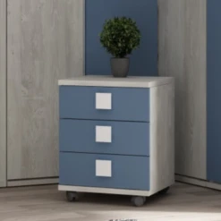 Nachtkastje Bo0 Met Wieltjes, 3 Lades En Vierkante Handgreep - Wit/ Blauw