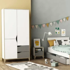 Kleerkast Gerry-lichtgrijs/mat Wit/Kronberg Eik -Kinderkamer Meubelen Ontwerp zonder titel 2023 04 17T135454.088 975a