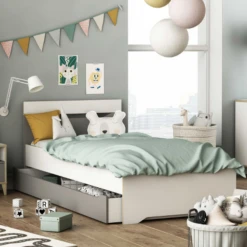 Bed Gerry 90 X 190/200 Cm Zonder Bedlade-lichtgrijs/mat Wit/Kronberg Eik