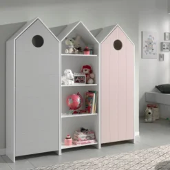 2 Kledingkasten + Boekenkast Casami - Roze/wit/grijs