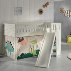 Halfhoogslaper Scottie 90x200 Cm Met Glijbaan En Dino-speelgordijn-wit