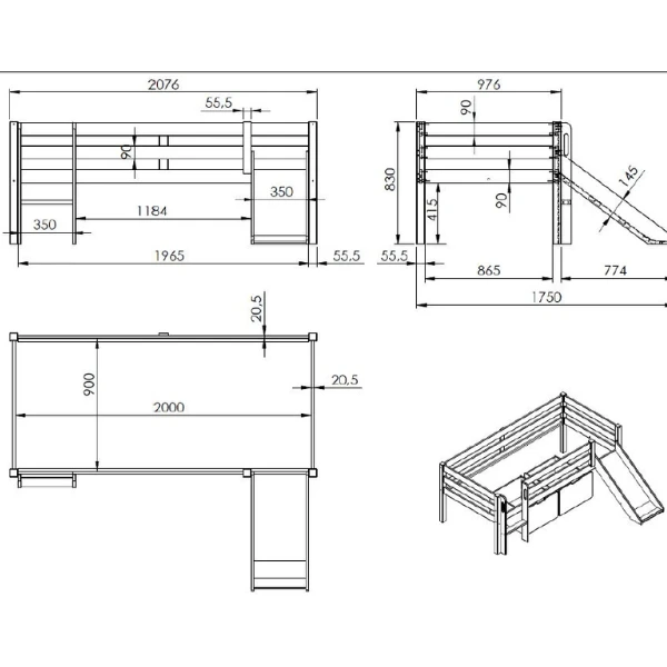 Halfhoogslaper Pip 90x200 Cm Met Glijbaan En 1 Hangplank-grijs 2 Halfhoogslaper Pip 90x200 Cm Met Glijbaan En 1 Hangplank-grijs - Afbeelding 2