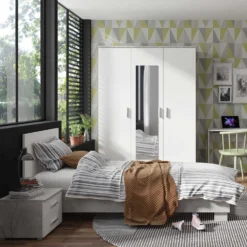 Kledingkast Soma 150cm Met 3 Deuren & Spiegel - Wit/beton -Kinderkamer Meubelen SOMA jeugdkamer chambre de jeunesa 7261