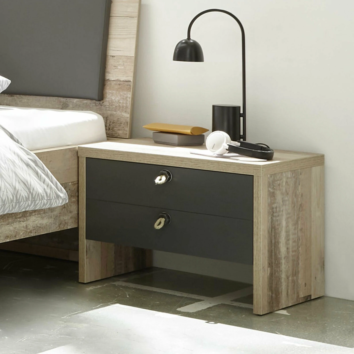 Nachtkastje Moleskin Met 2 Lades - Antraciet/old Style 1 Nachtkastje Moleskin Met 2 Lades - Antraciet/old Style