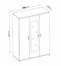 Kledingkast Soma 150cm Met 3 Deuren & Spiegel - Wit/beton -Kinderkamer Meubelen soma kk 150 cm lijntekening verbeterd ba64 scaled